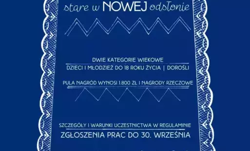 Biała treść plakatu na niebieskim tle z białą ramką w postaci haftu