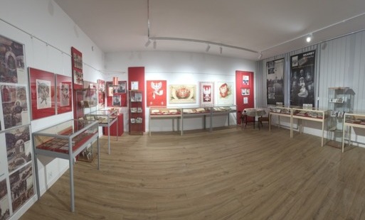 Widok panoramiczny sali wystawowej. Na białych ścianach wiszą plakaty o charakterze patriotycznym. Poniżej stoją szklane gabloty